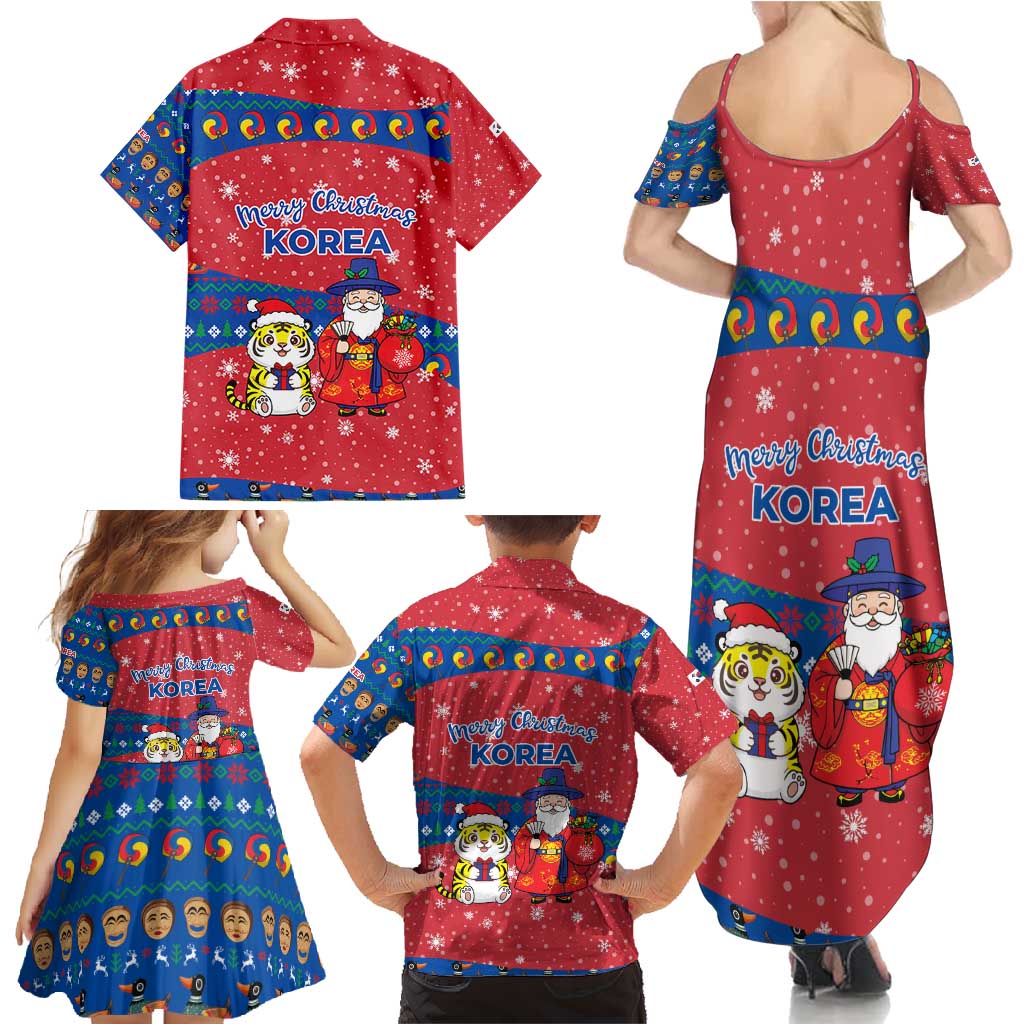 Korea Christmas Family Matching Summer Maxi Dress and Hawaiian Shirt with Santa in Hanbok Tiger Character and Traditional Mask Pattern Design - Wonder Print Shop