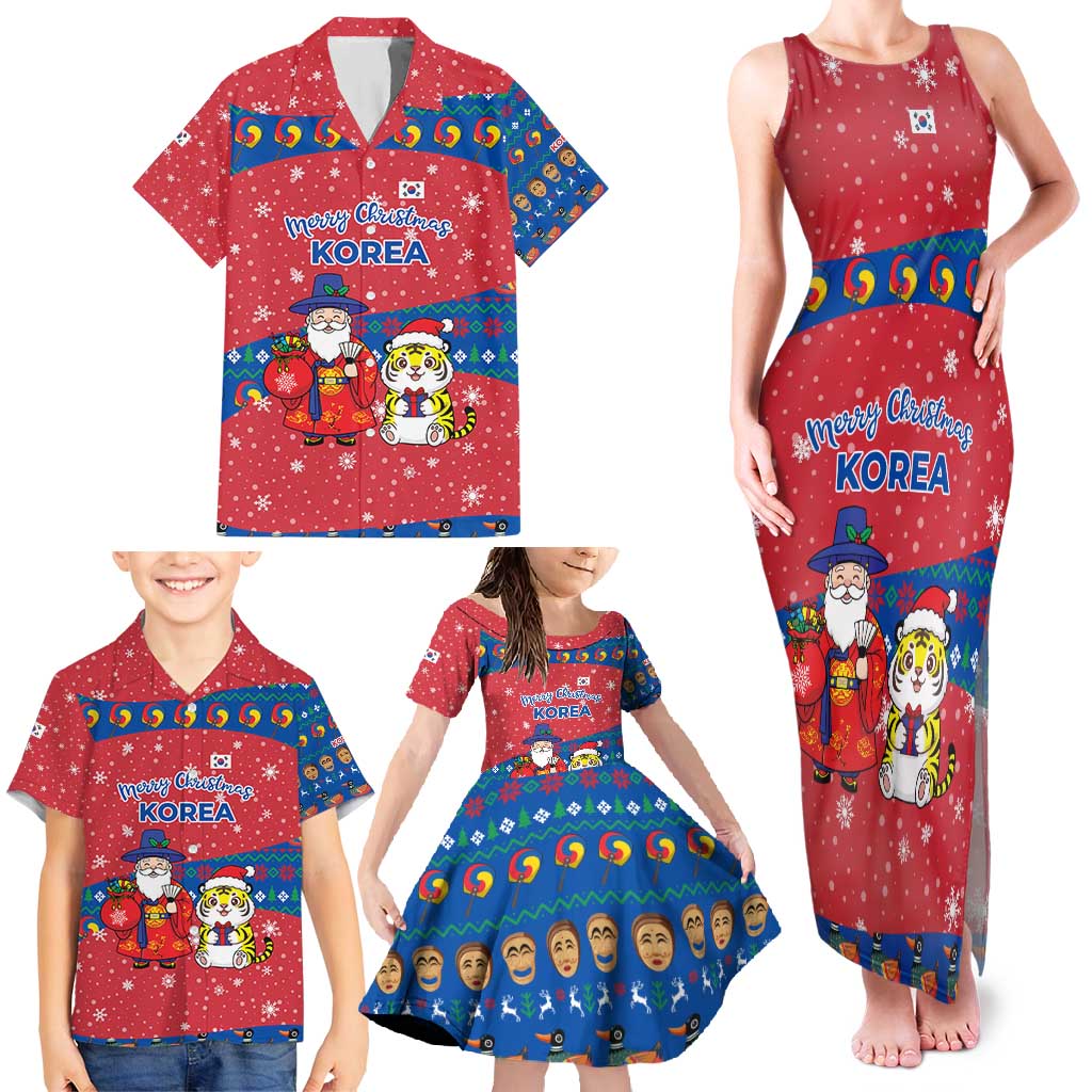 Korea Christmas Family Matching Tank Maxi Dress and Hawaiian Shirt with Santa in Hanbok Tiger Character and Traditional Mask Pattern Design - Wonder Print Shop