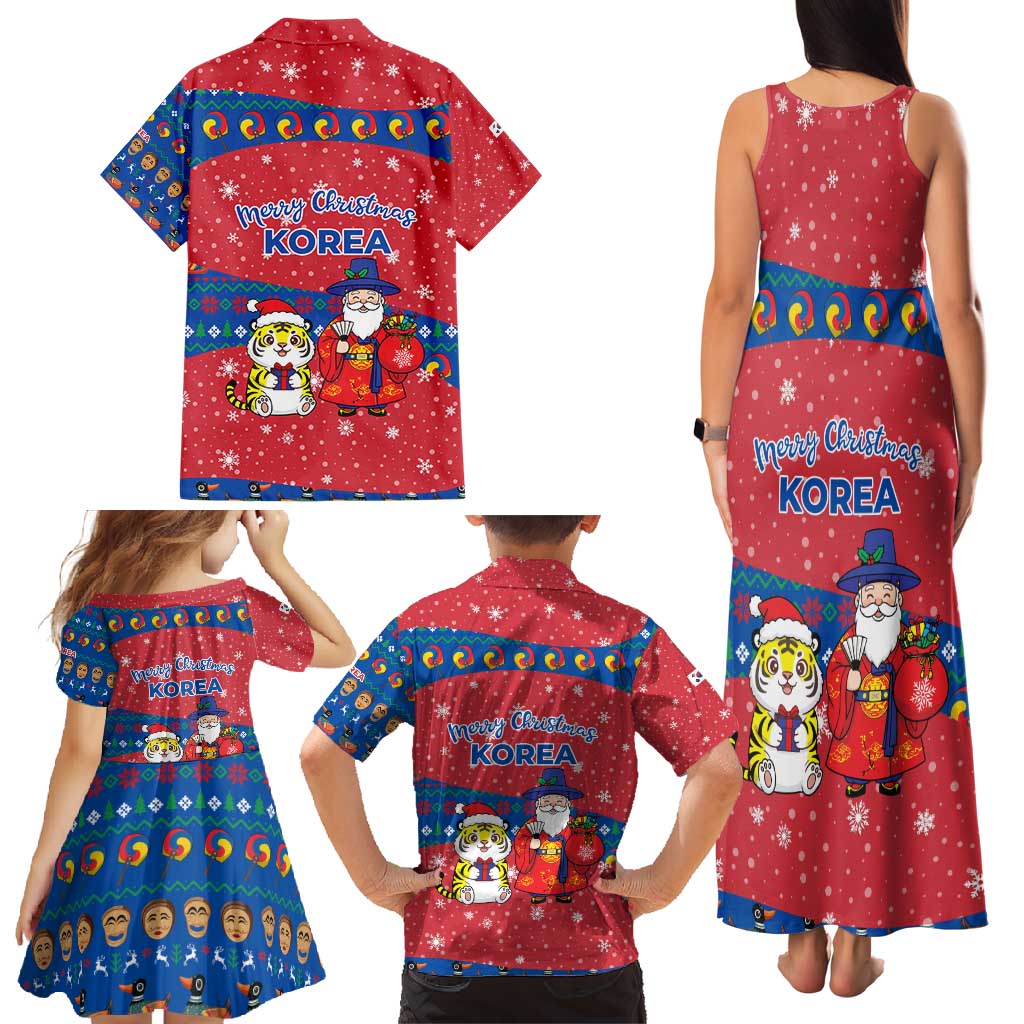 Korea Christmas Family Matching Tank Maxi Dress and Hawaiian Shirt with Santa in Hanbok Tiger Character and Traditional Mask Pattern Design - Wonder Print Shop