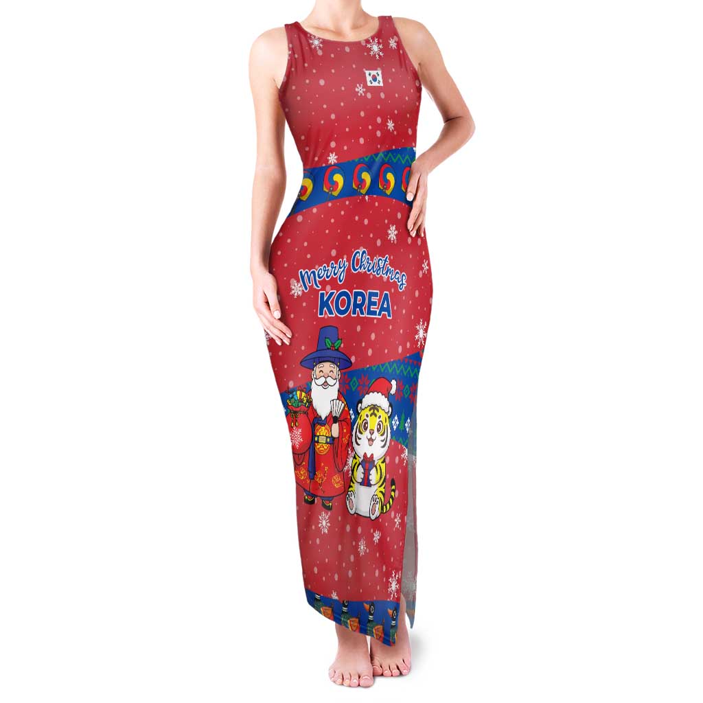 Korea Christmas Family Matching Tank Maxi Dress and Hawaiian Shirt with Santa in Hanbok Tiger Character and Traditional Mask Pattern Design - Wonder Print Shop