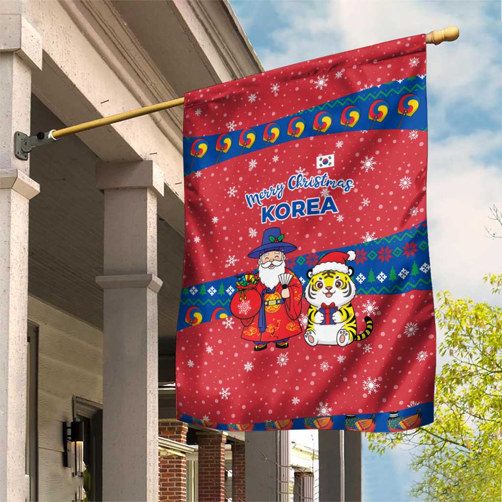 Korea Christmas Garden Flag with Santa in Hanbok Tiger Character and Traditional Mask Pattern Design - Wonder Print Shop