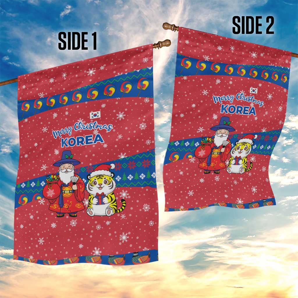 Korea Christmas Garden Flag with Santa in Hanbok Tiger Character and Traditional Mask Pattern Design - Wonder Print Shop