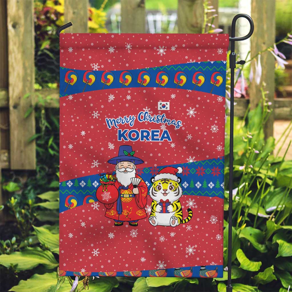Korea Christmas Garden Flag with Santa in Hanbok Tiger Character and Traditional Mask Pattern Design - Wonder Print Shop