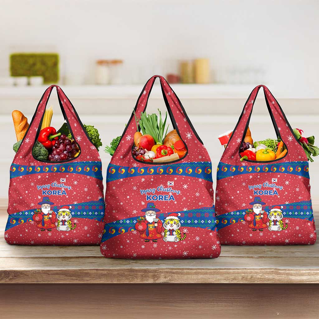 Korea Christmas Grocery Bag with Santa in Hanbok Tiger Character and Traditional Mask Pattern Design - Wonder Print Shop