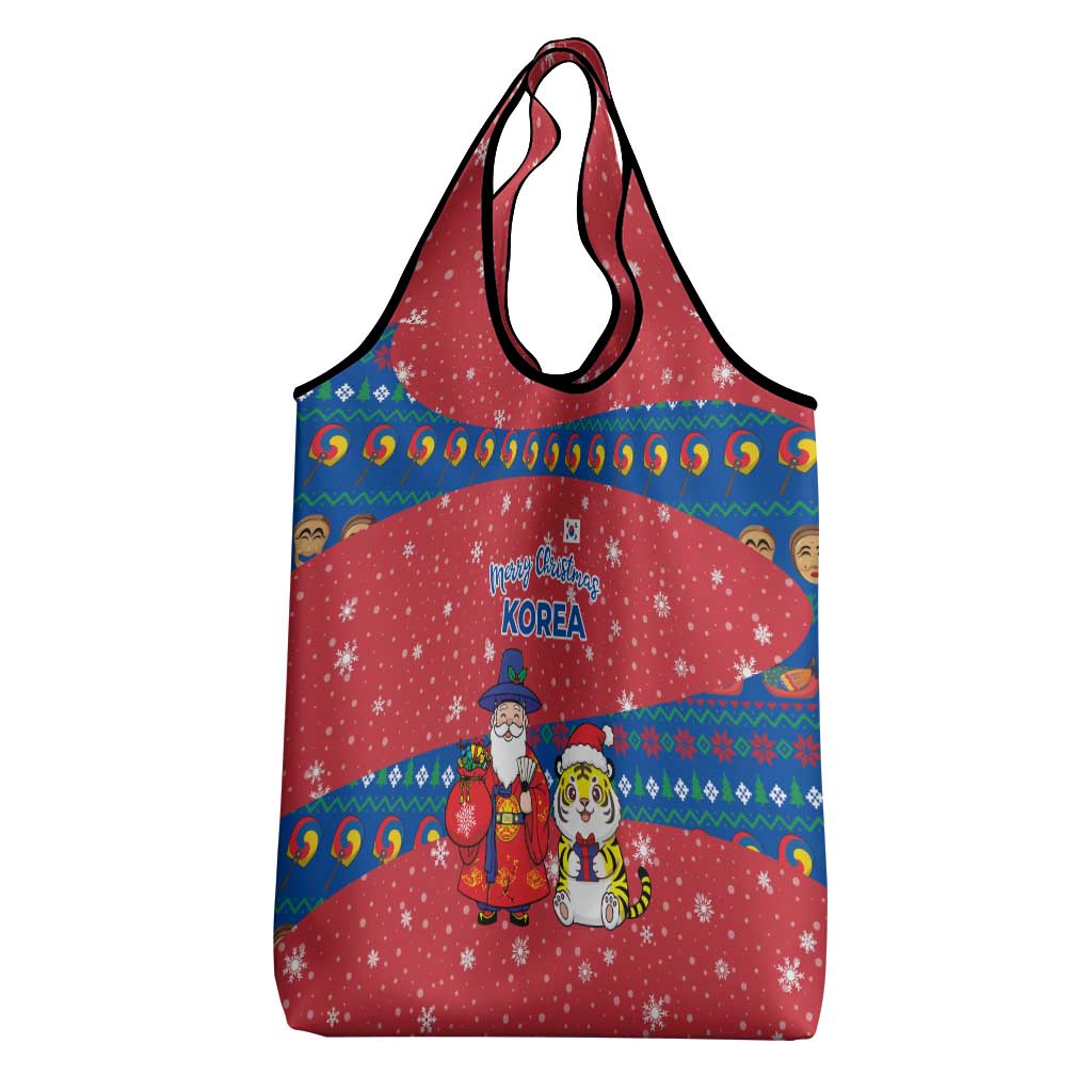 Korea Christmas Grocery Bag with Santa in Hanbok Tiger Character and Traditional Mask Pattern Design - Wonder Print Shop