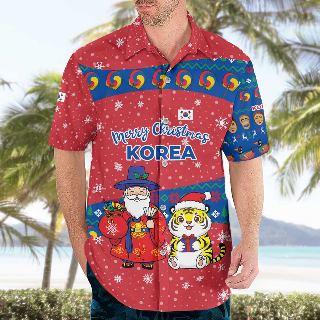 Korea Christmas Hawaiian Shirt with Santa in Hanbok Tiger Character and Traditional Mask Pattern Design - Wonder Print Shop