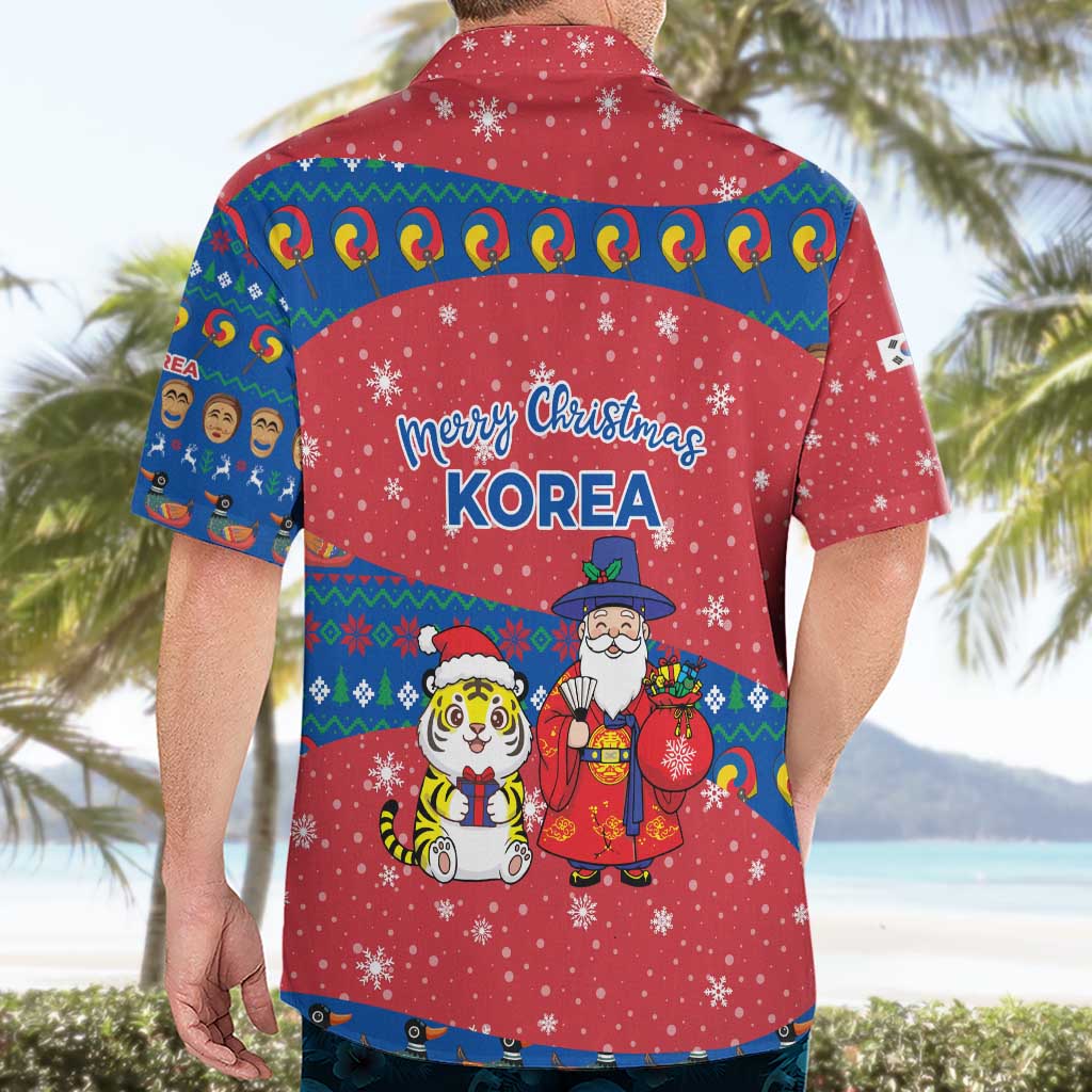 Korea Christmas Hawaiian Shirt with Santa in Hanbok Tiger Character and Traditional Mask Pattern Design - Wonder Print Shop