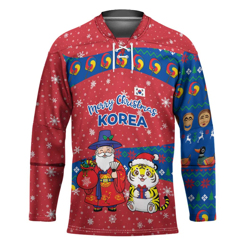 Korea Christmas Hockey Jersey with Santa in Hanbok Tiger Character and Traditional Mask Pattern Design - Wonder Print Shop