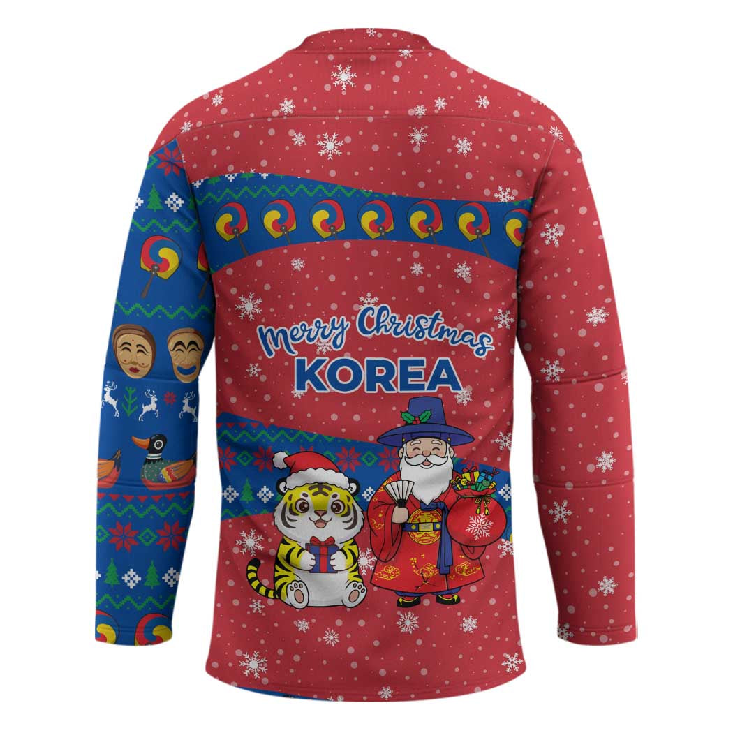 Korea Christmas Hockey Jersey with Santa in Hanbok Tiger Character and Traditional Mask Pattern Design - Wonder Print Shop
