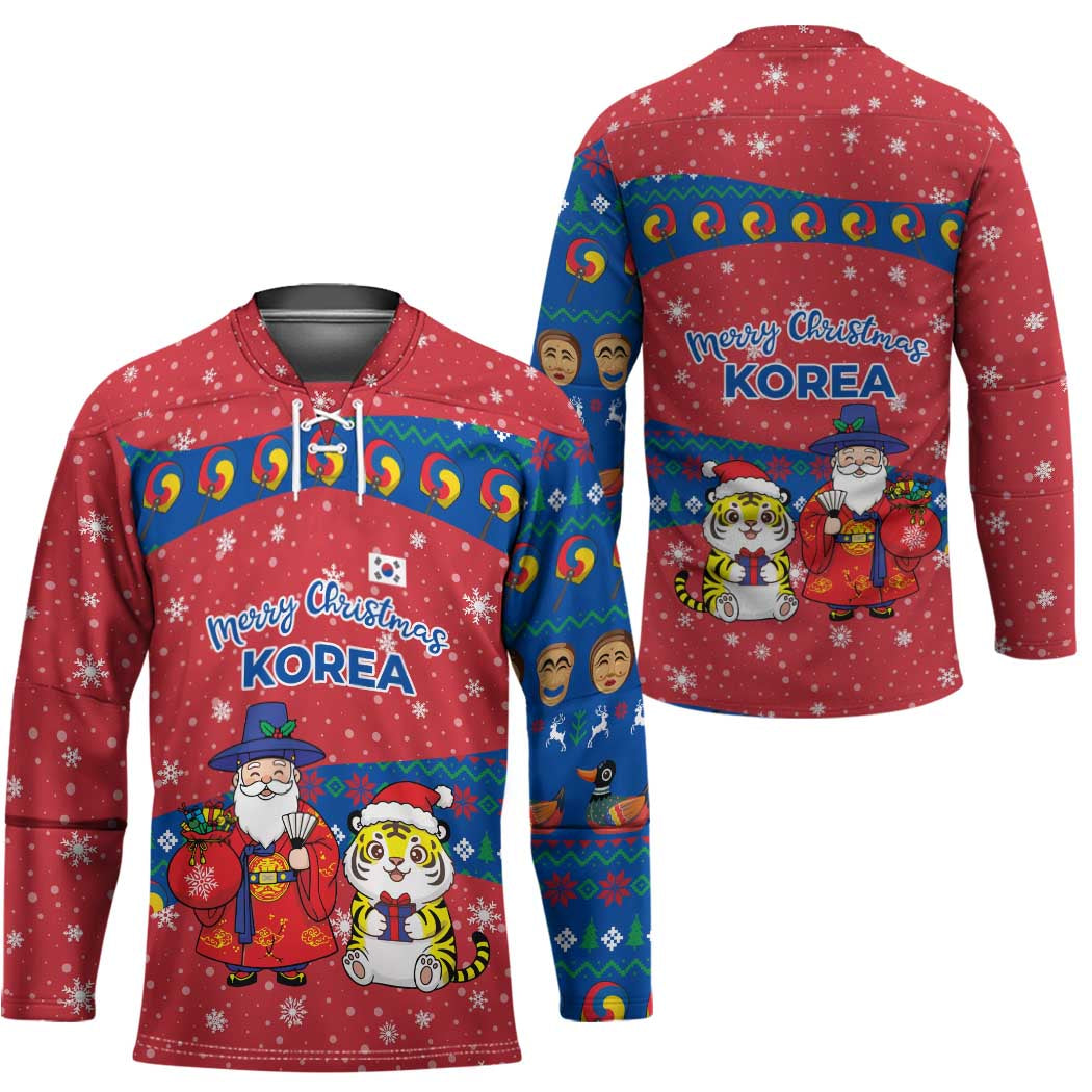 Korea Christmas Hockey Jersey with Santa in Hanbok Tiger Character and Traditional Mask Pattern Design - Wonder Print Shop