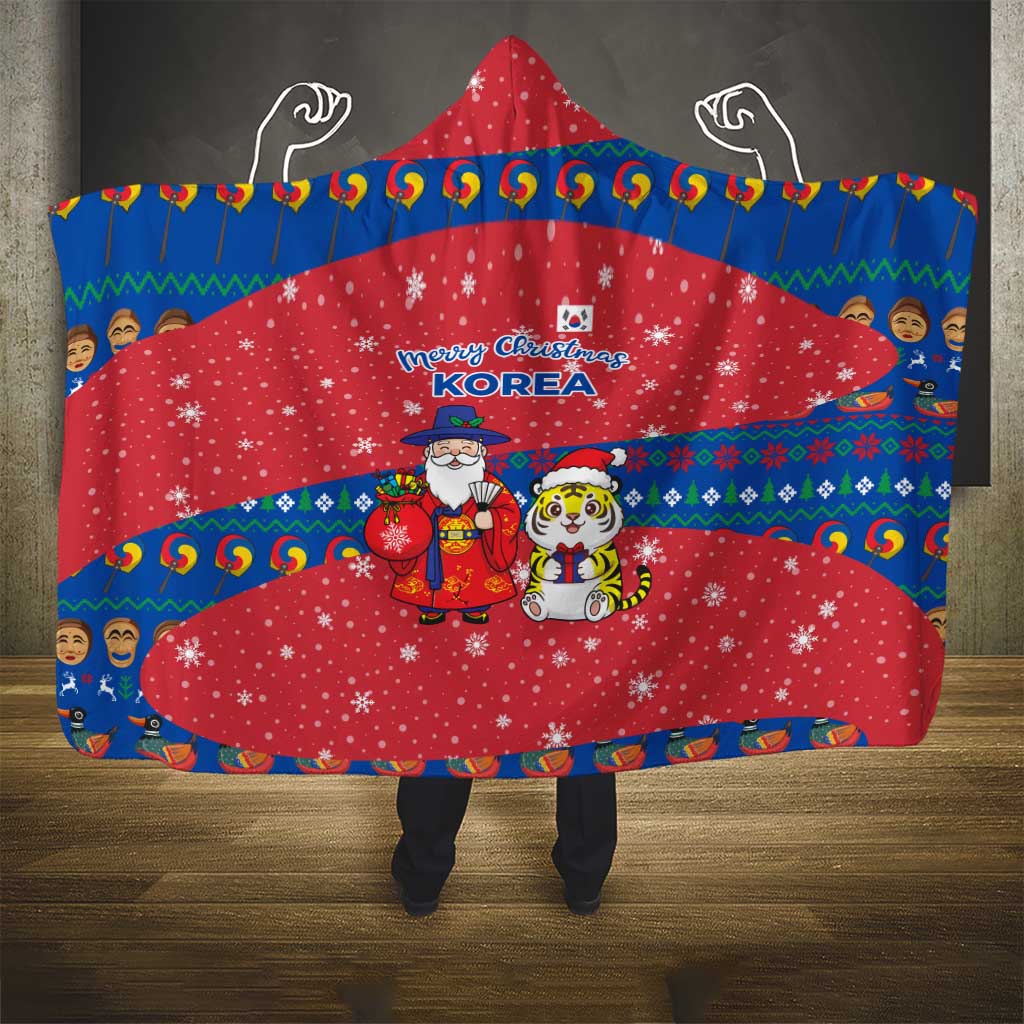 Korea Christmas Hooded Blanket with Santa in Hanbok Tiger Character and Traditional Mask Pattern Design - Wonder Print Shop