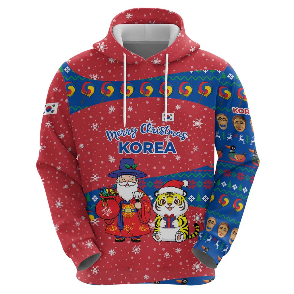 Korea Christmas Hoodie with Santa in Hanbok Tiger Character and Traditional Mask Pattern Design - Wonder Print Shop