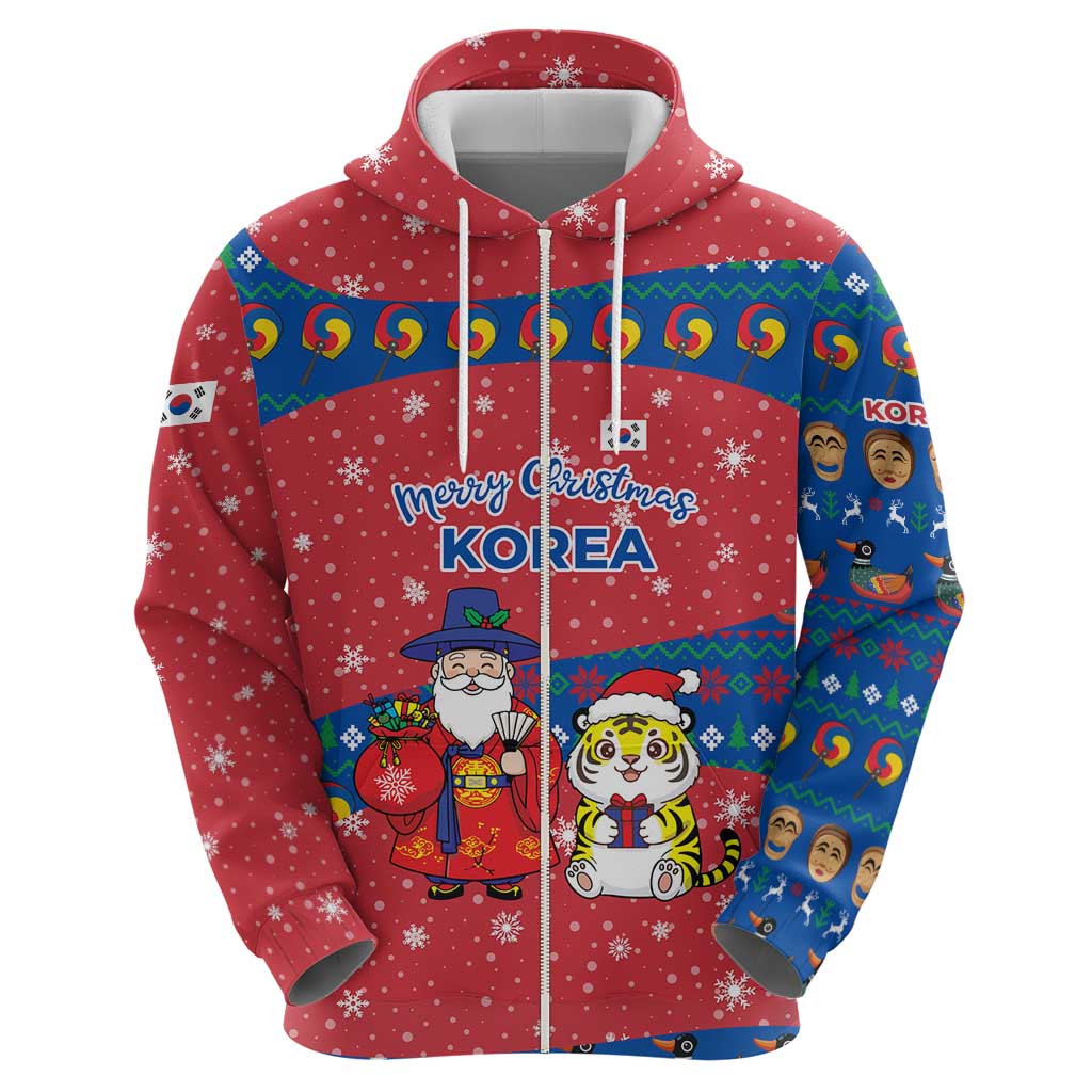 Korea Christmas Hoodie with Santa in Hanbok Tiger Character and Traditional Mask Pattern Design - Wonder Print Shop