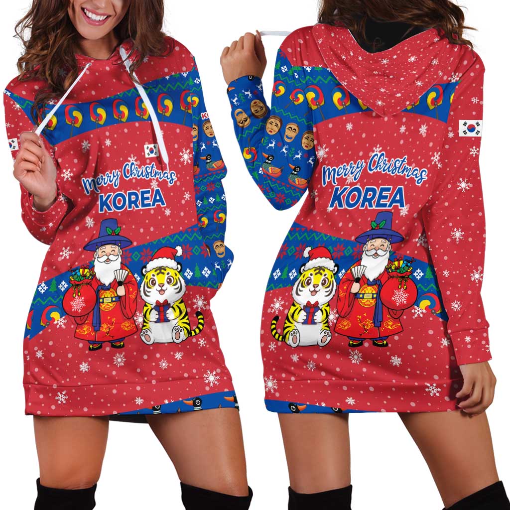 Korea Christmas Hoodie Dress with Santa in Hanbok Tiger Character and Traditional Mask Pattern Design - Wonder Print Shop
