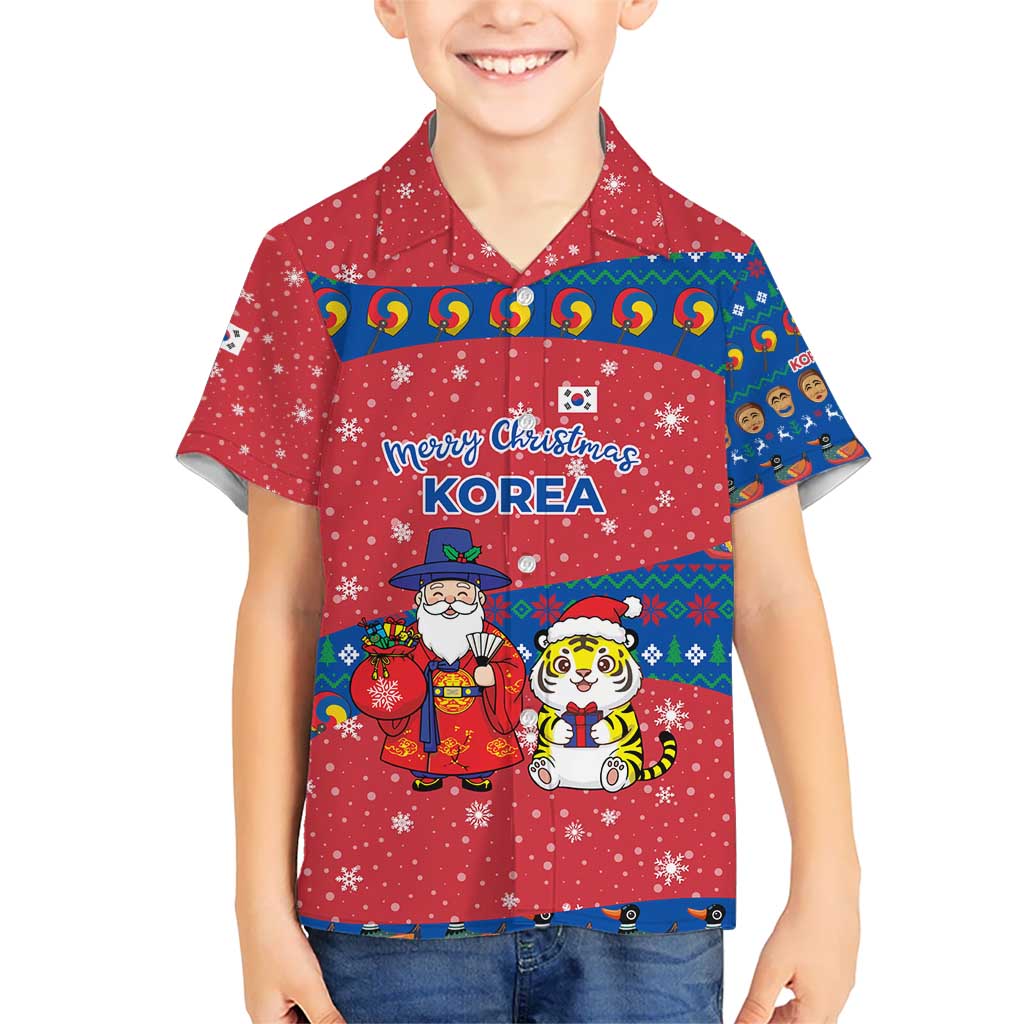 Korea Christmas Kid Hawaiian Shirt with Santa in Hanbok Tiger Character and Traditional Mask Pattern Design - Wonder Print Shop