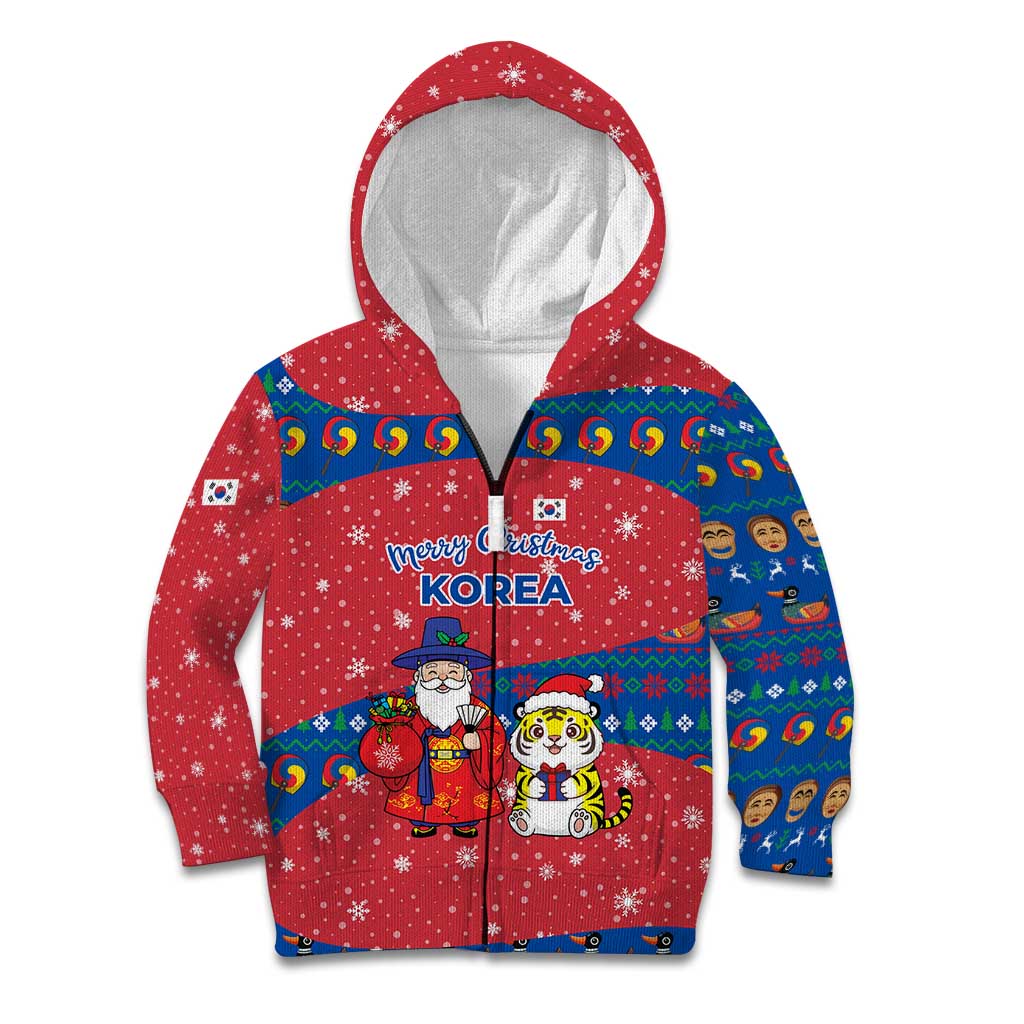 Korea Christmas Kid Hoodie with Santa in Hanbok Tiger Character and Traditional Mask Pattern Design - Wonder Print Shop