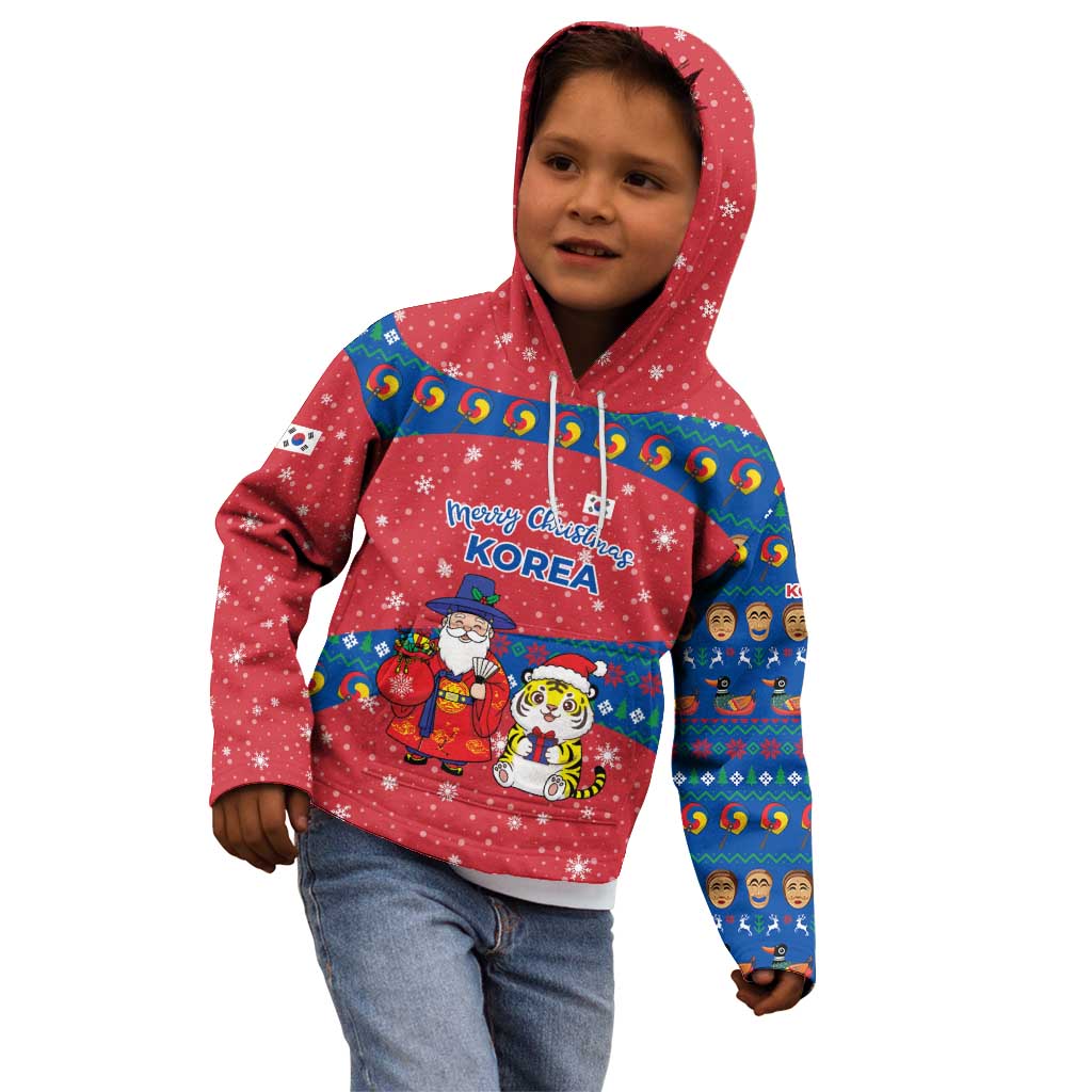 Korea Christmas Kid Hoodie with Santa in Hanbok Tiger Character and Traditional Mask Pattern Design - Wonder Print Shop