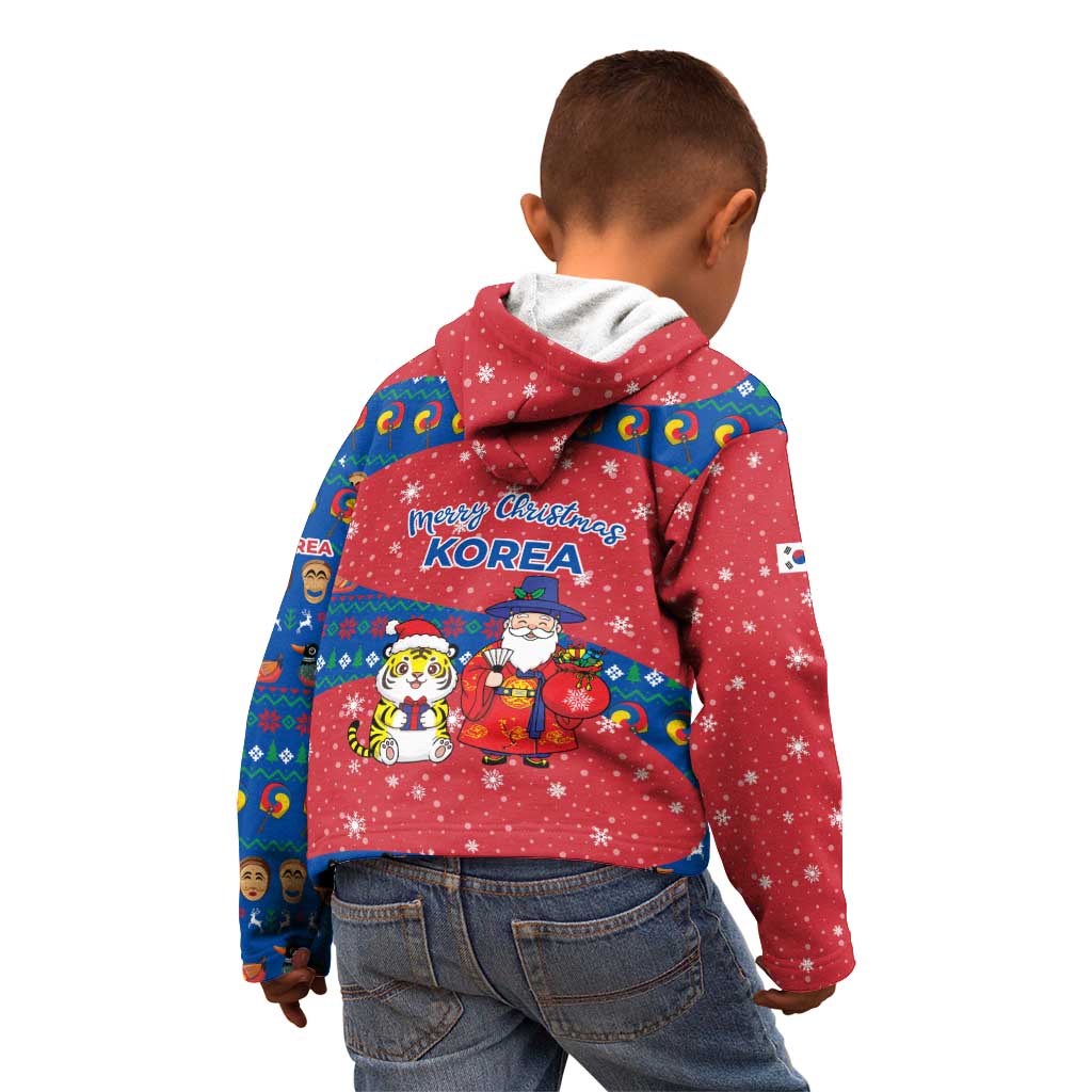 Korea Christmas Kid Hoodie with Santa in Hanbok Tiger Character and Traditional Mask Pattern Design - Wonder Print Shop