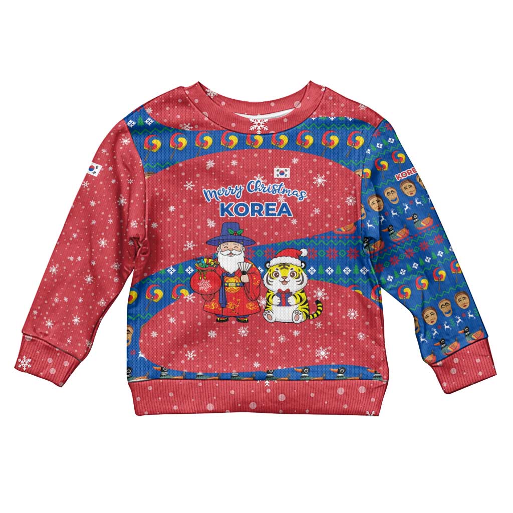 Korea Christmas Kid Ugly Christmas Sweater with Santa in Hanbok Tiger Character and Traditional Mask Pattern Design - Wonder Print Shop