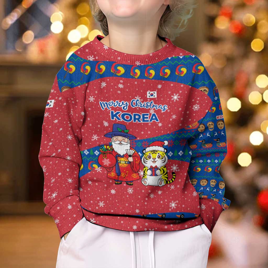 Korea Christmas Kid Ugly Christmas Sweater with Santa in Hanbok Tiger Character and Traditional Mask Pattern Design - Wonder Print Shop
