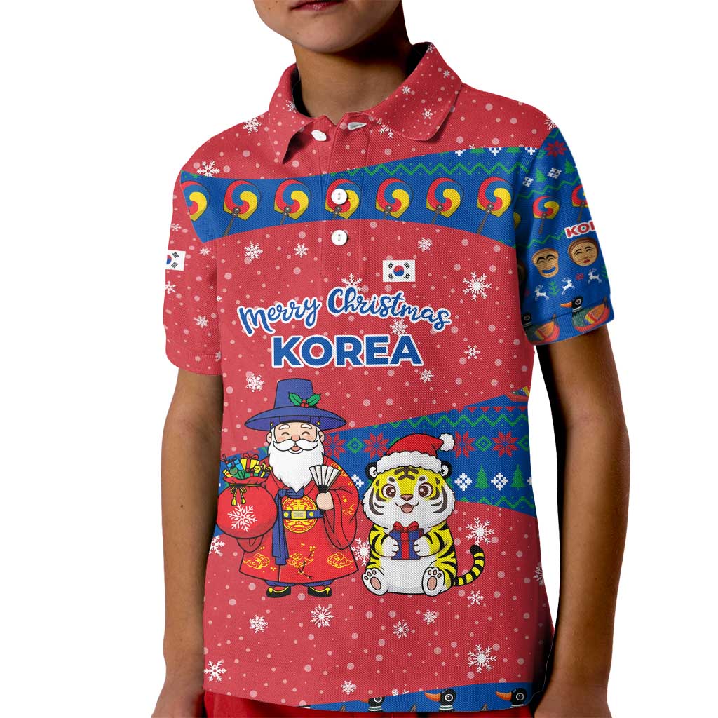 Korea Christmas Kid Polo Shirt with Santa in Hanbok Tiger Character and Traditional Mask Pattern Design - Wonder Print Shop