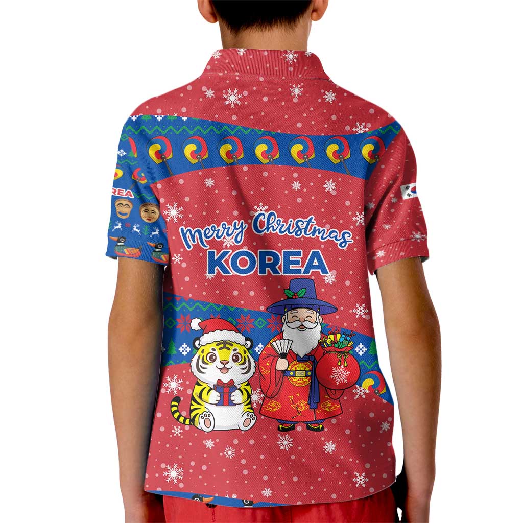 Korea Christmas Kid Polo Shirt with Santa in Hanbok Tiger Character and Traditional Mask Pattern Design - Wonder Print Shop