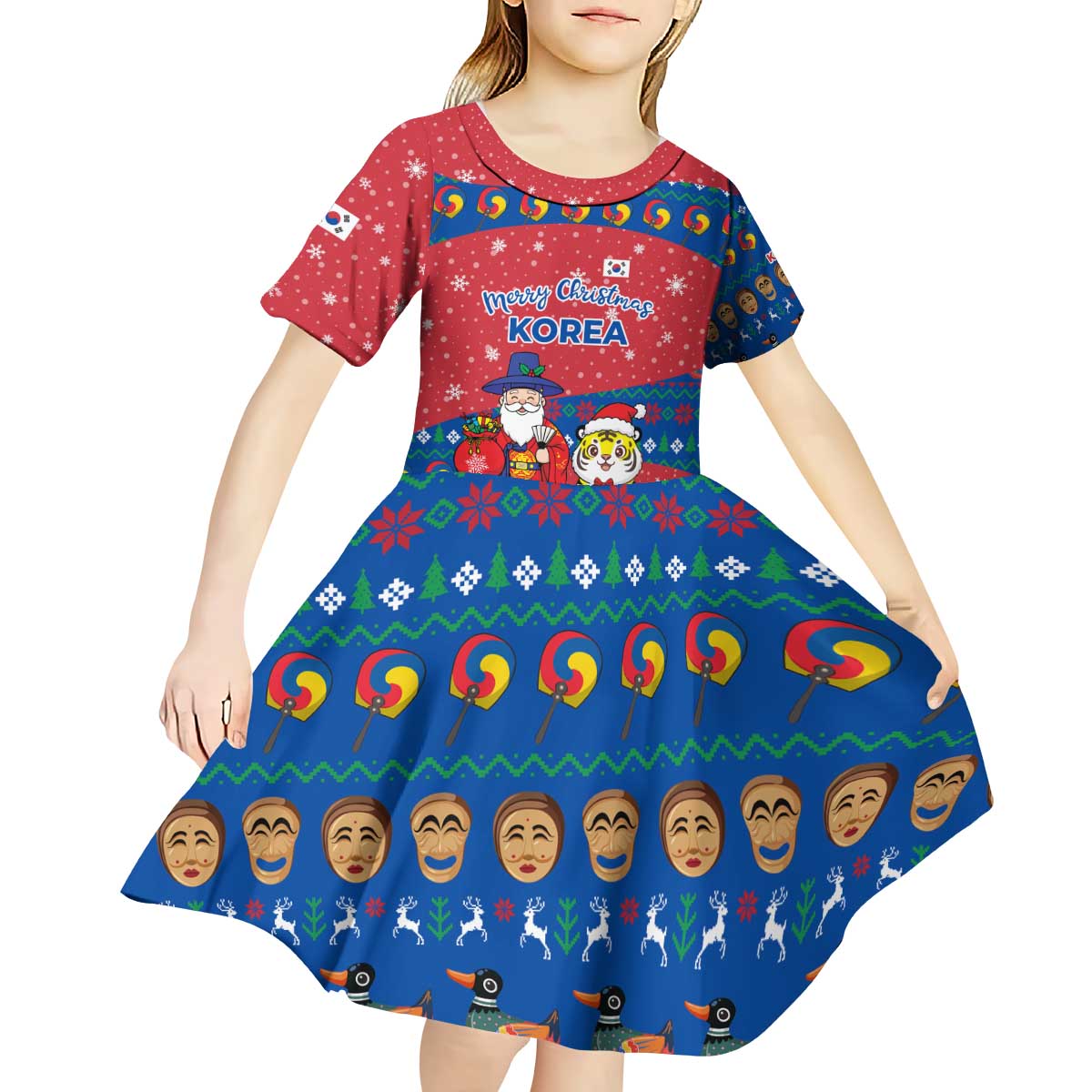 Korea Christmas Kid Short Sleeve Dress with Santa in Hanbok Tiger Character and Traditional Mask Pattern Design - Wonder Print Shop