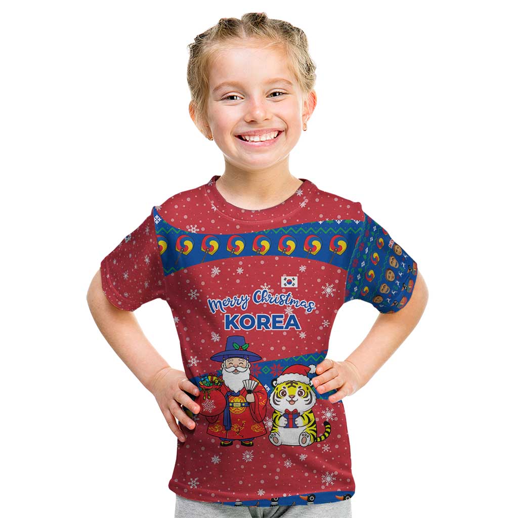 Korea Christmas Kid T Shirt with Santa in Hanbok Tiger Character and Traditional Mask Pattern Design - Wonder Print Shop