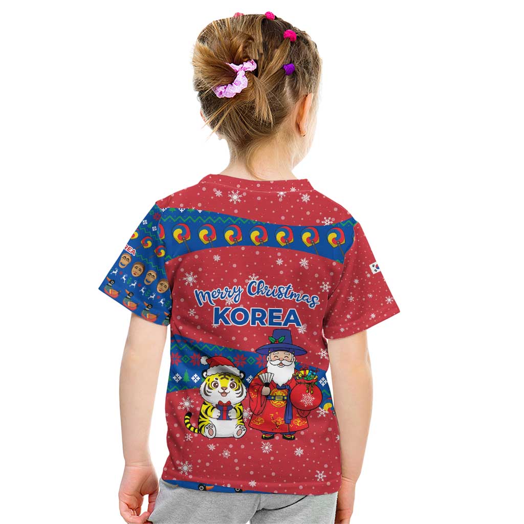 Korea Christmas Kid T Shirt with Santa in Hanbok Tiger Character and Traditional Mask Pattern Design - Wonder Print Shop
