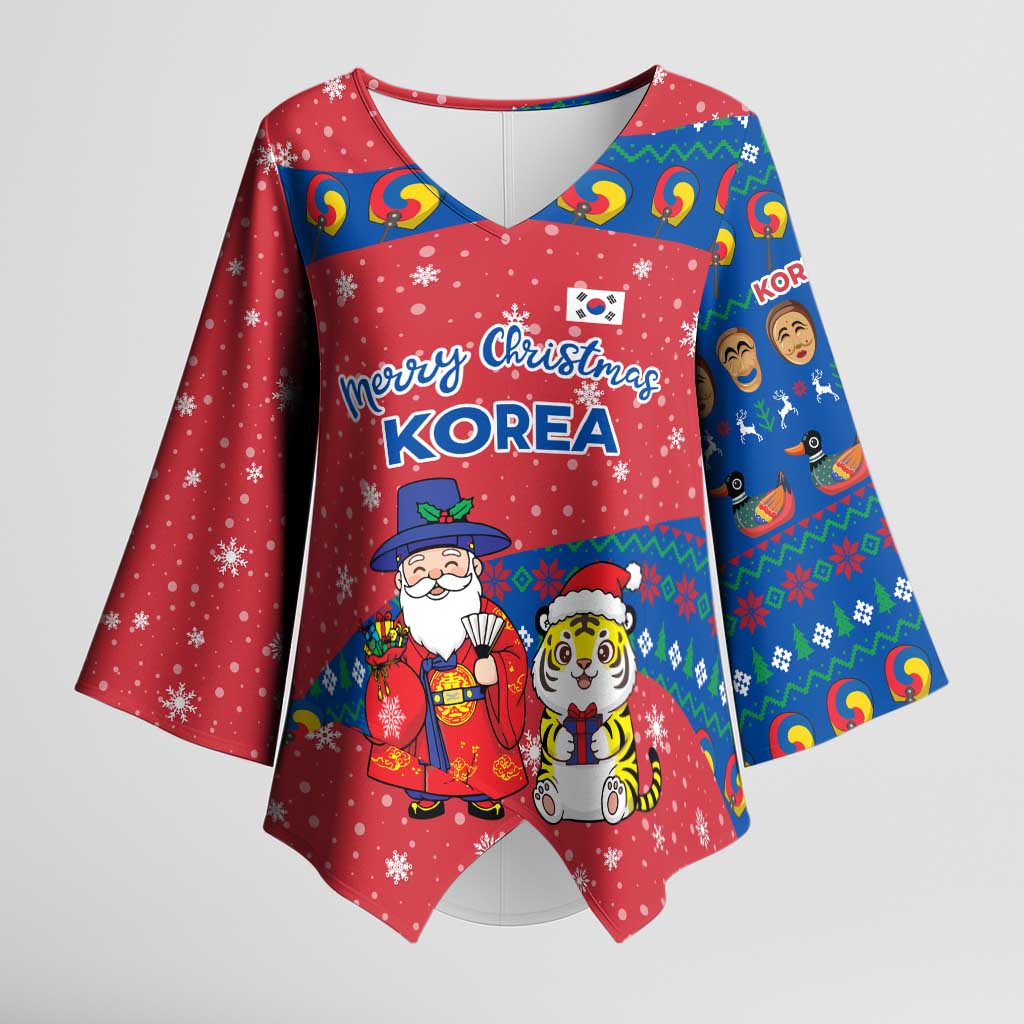 Korea Christmas Kimono Sleeve Blouse with Santa in Hanbok Tiger Character and Traditional Mask Pattern Design - Wonder Print Shop