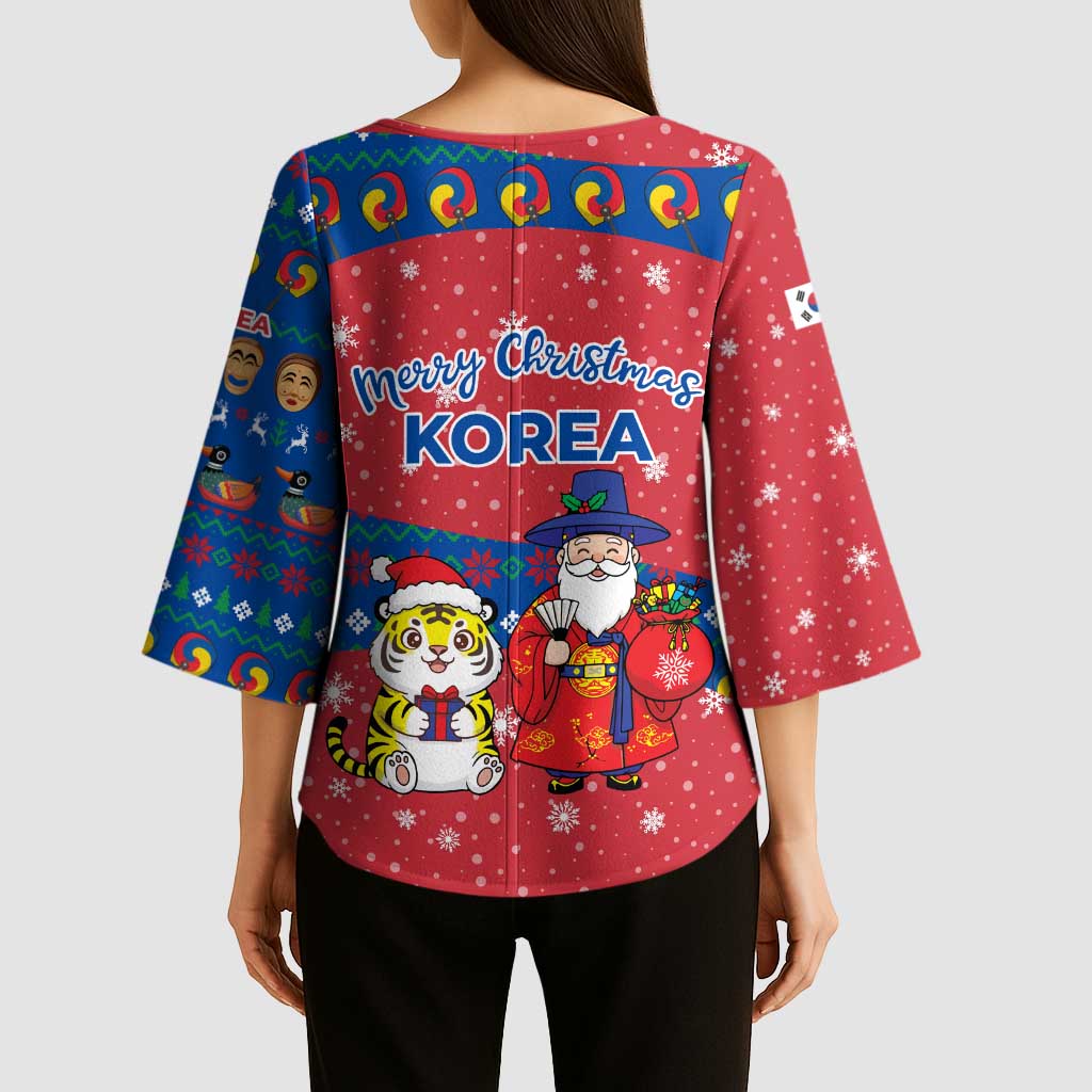 Korea Christmas Kimono Sleeve Blouse with Santa in Hanbok Tiger Character and Traditional Mask Pattern Design - Wonder Print Shop