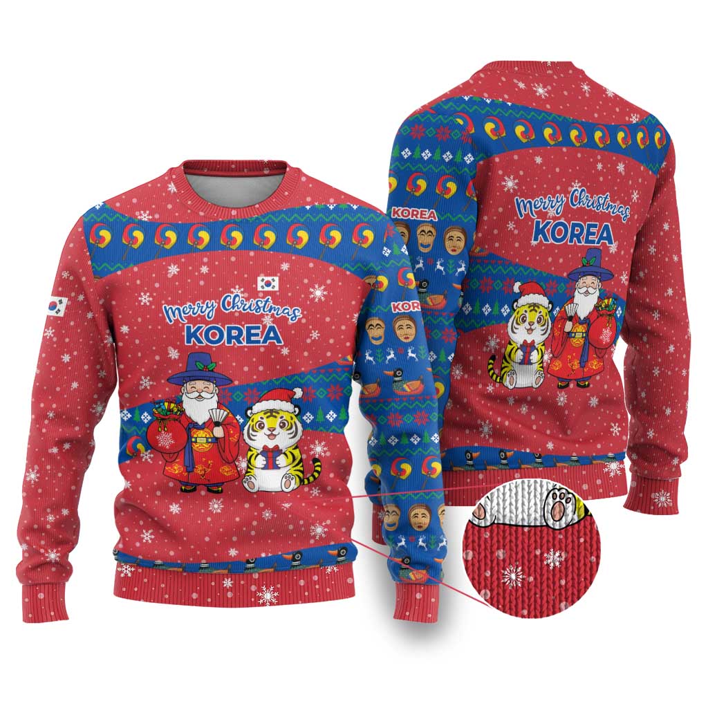 Korea Christmas Ugly Christmas Sweater with Santa in Hanbok Tiger Character and Traditional Mask Pattern Design - Wonder Print Shop