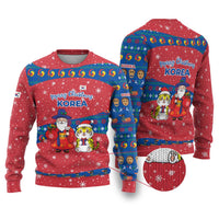 Korea Christmas Ugly Christmas Sweater with Santa in Hanbok Tiger Character and Traditional Mask Pattern Design - Wonder Print Shop