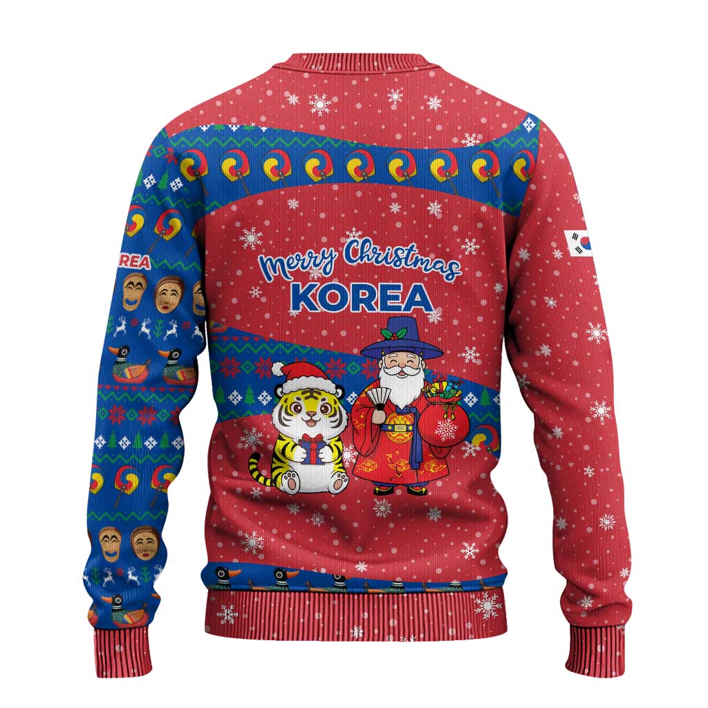 Korea Christmas Ugly Christmas Sweater with Santa in Hanbok Tiger Character and Traditional Mask Pattern Design - Wonder Print Shop
