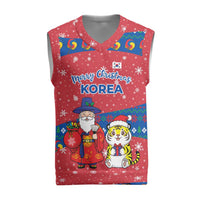 Korea Christmas Knitted V-Neck Vest with Santa in Hanbok Tiger Character and Traditional Mask Pattern Design - Wonder Print Shop