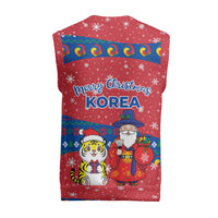 Korea Christmas Knitted V-Neck Vest with Santa in Hanbok Tiger Character and Traditional Mask Pattern Design - Wonder Print Shop