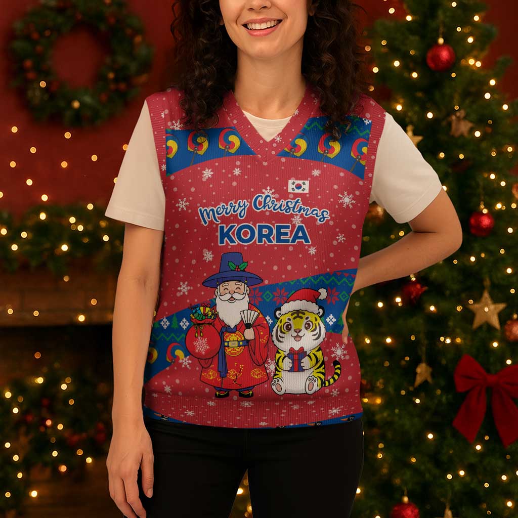Korea Christmas Knitted V-Neck Vest with Santa in Hanbok Tiger Character and Traditional Mask Pattern Design - Wonder Print Shop