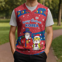 Korea Christmas Knitted V-Neck Vest with Santa in Hanbok Tiger Character and Traditional Mask Pattern Design - Wonder Print Shop