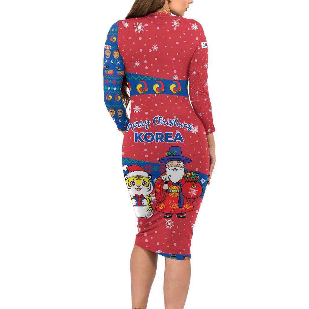 Korea Christmas Long Sleeve Bodycon Dress with Santa in Hanbok Tiger Character and Traditional Mask Pattern Design - Wonder Print Shop