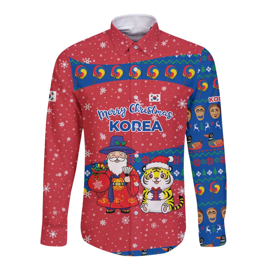 Korea Christmas Long Sleeve Button Shirt with Santa in Hanbok Tiger Character and Traditional Mask Pattern Design - Wonder Print Shop