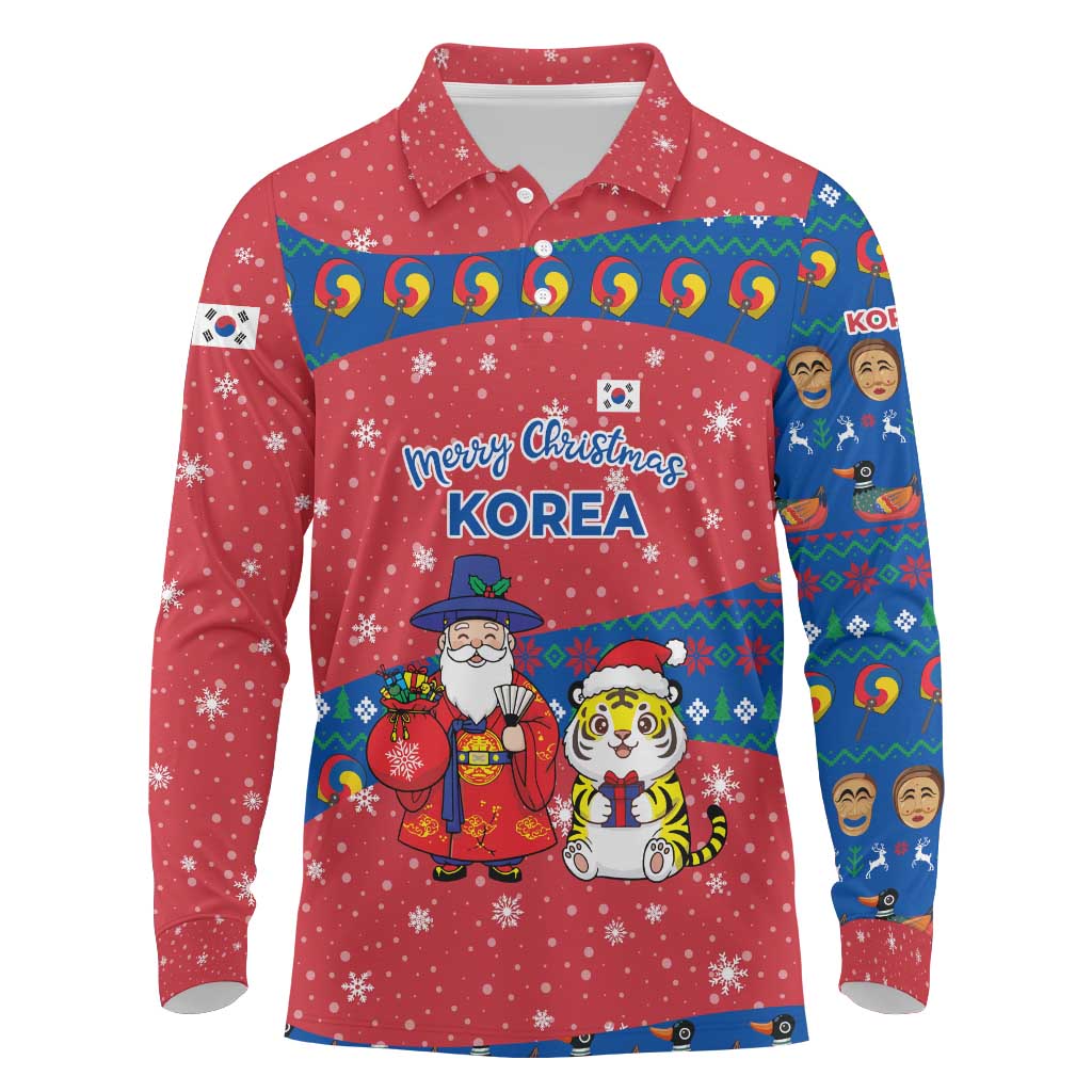 Korea Christmas Long Sleeve Polo Shirt with Santa in Hanbok Tiger Character and Traditional Mask Pattern Design - Wonder Print Shop
