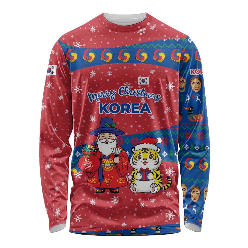 Korea Christmas Long Sleeve Shirt with Santa in Hanbok Tiger Character and Traditional Mask Pattern Design - Wonder Print Shop
