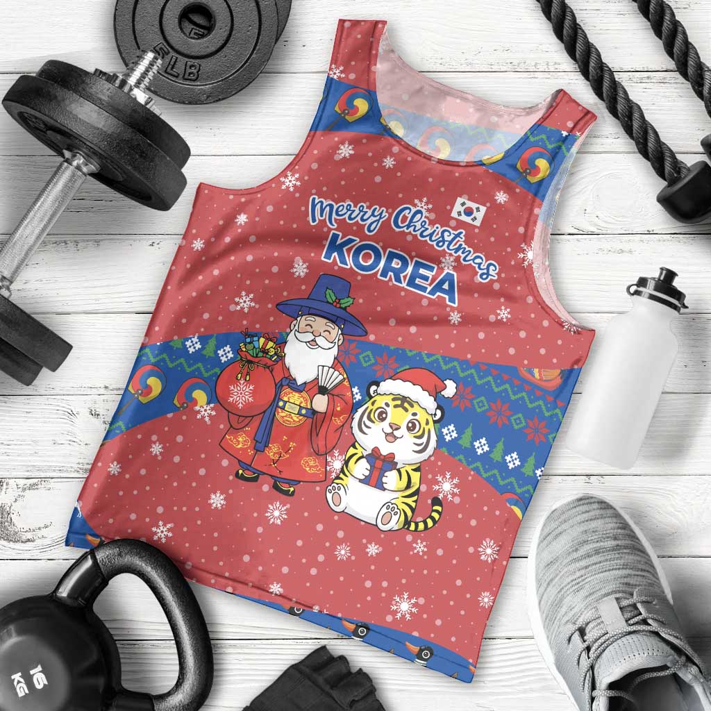 Korea Christmas Men Tank Top with Santa in Hanbok Tiger Character and Traditional Mask Pattern Design - Wonder Print Shop