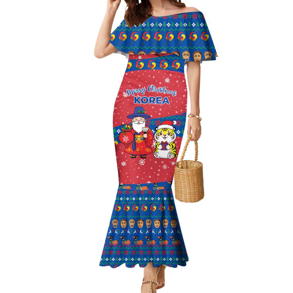 Korea Christmas Mermaid Dress with Santa in Hanbok Tiger Character and Traditional Mask Pattern Design - Wonder Print Shop