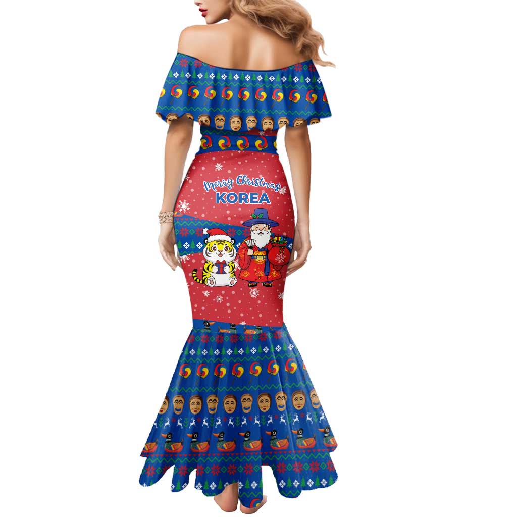 Korea Christmas Mermaid Dress with Santa in Hanbok Tiger Character and Traditional Mask Pattern Design - Wonder Print Shop