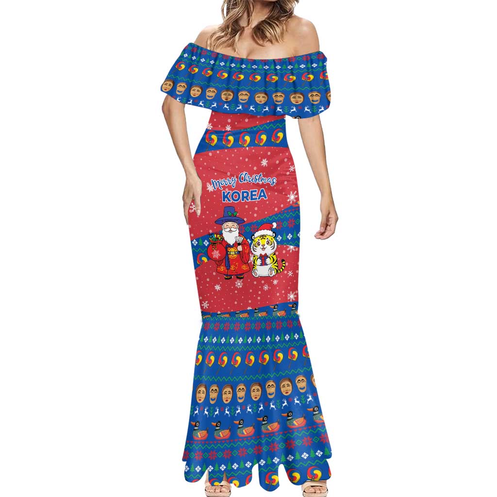 Korea Christmas Mermaid Dress with Santa in Hanbok Tiger Character and Traditional Mask Pattern Design - Wonder Print Shop