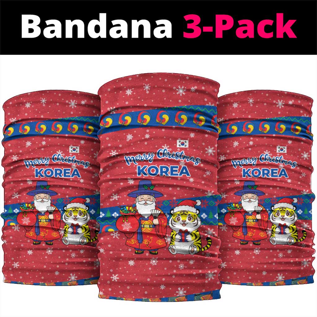 Korea Christmas Neck Gaiter with Santa in Hanbok Tiger Character and Traditional Mask Pattern Design - Wonder Print Shop