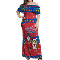 Korea Christmas Off Shoulder Maxi Dress with Santa in Hanbok Tiger Character and Traditional Mask Pattern Design - Wonder Print Shop