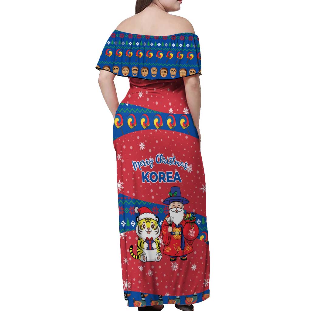 Korea Christmas Off Shoulder Maxi Dress with Santa in Hanbok Tiger Character and Traditional Mask Pattern Design - Wonder Print Shop