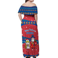 Korea Christmas Off Shoulder Maxi Dress with Santa in Hanbok Tiger Character and Traditional Mask Pattern Design - Wonder Print Shop